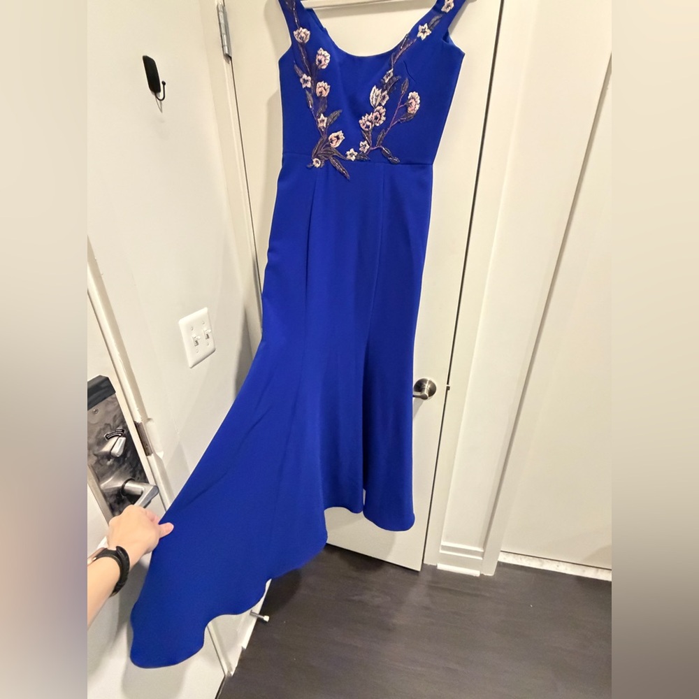 Marchesa Notte Blue Floral Embroidered Long Formal Evening Gown Dress - Picture 8 of 17